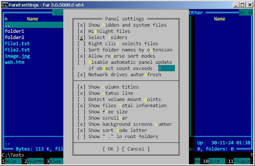 Far Manager - F9 → Options → Panel settings → Select folders → OK - Screenshot